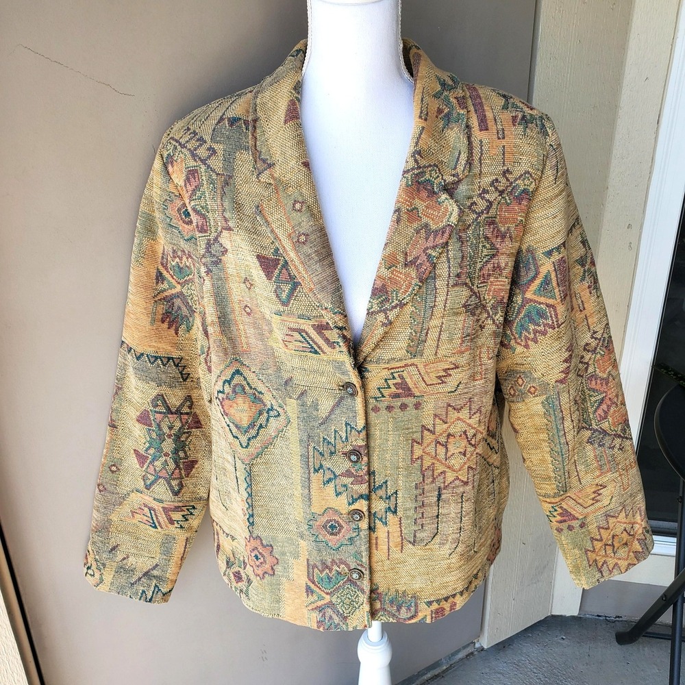 Vintage Graff Jacket Womens Large Southwestern Tapestry Blazer Coat 90s USA